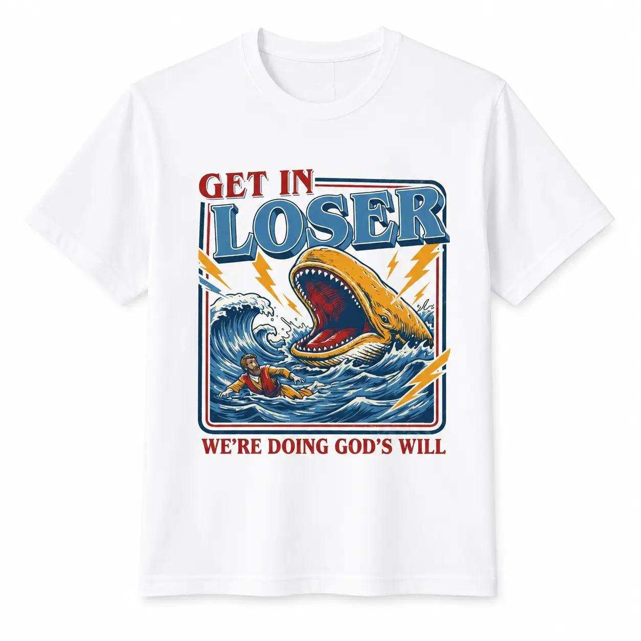 Men's Unisex Cotton Round Neck T-Shirt - Christian Streetwear, Jonah and the Whale Graphic, "Get In Loser We're Doing God's Will" Verse, Faith Humor Fabric Style Religious Gift