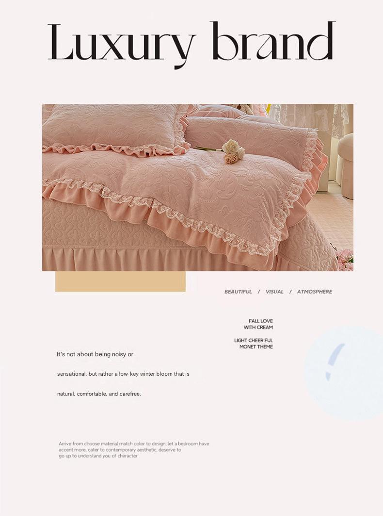 Korean-style French lace thickened milk velvet four-piece set with double-sided baby velvet and coral velvet duvet cover and quilted bed skirt