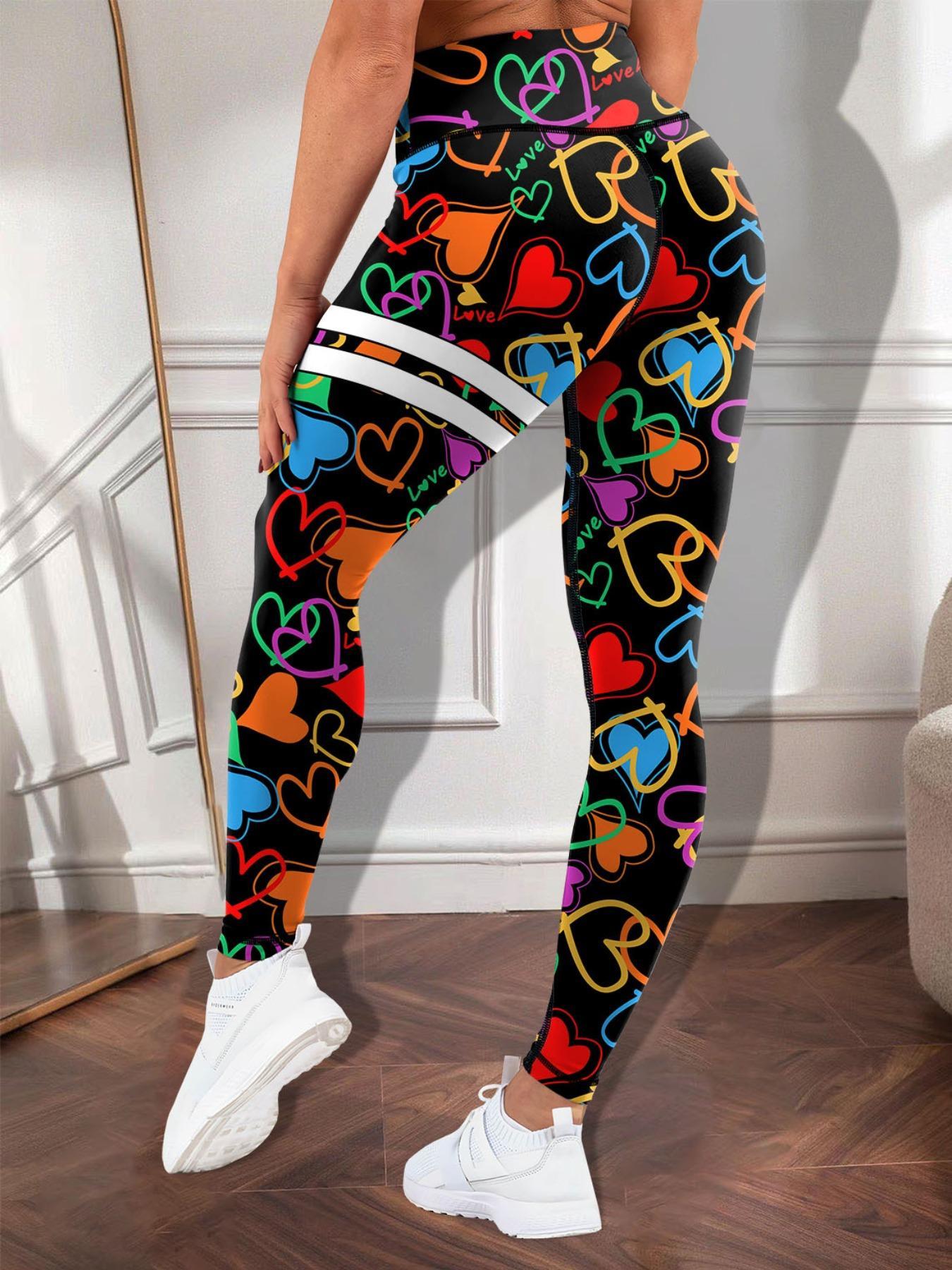 Women's All Over Heart Print High Waist Scrunch Workout Leggings, Casual Comfy Breathable Skinny Pants for Yoga Gym Workout Running, Ladies Bottoms for All Seasons