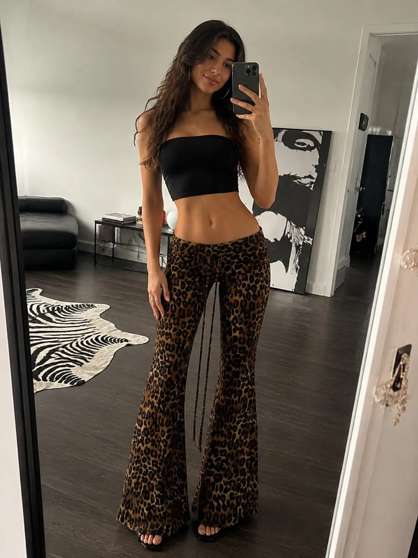Women's Leopard Print Bell Bottomed Pants, Y2K Low Waisted Retro Flared Long Wide Leg Pants, Elastic Stretch Streetwear Fashion