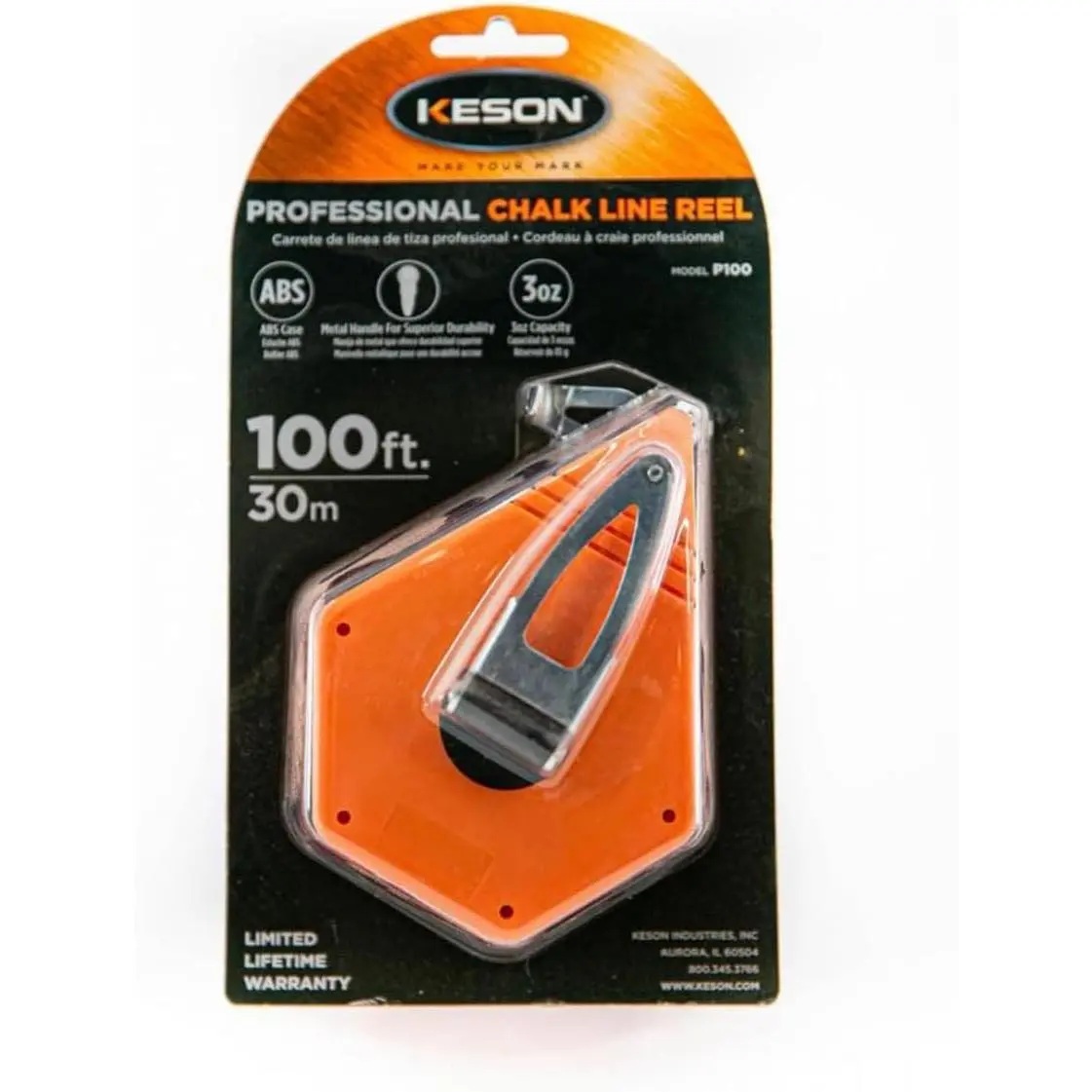 Octagonal Shape P100 Chalk Line Reel with Steel Body, 1.5mm String, 2-4 oz High Capacity, 100-Foot Length for Line Marking