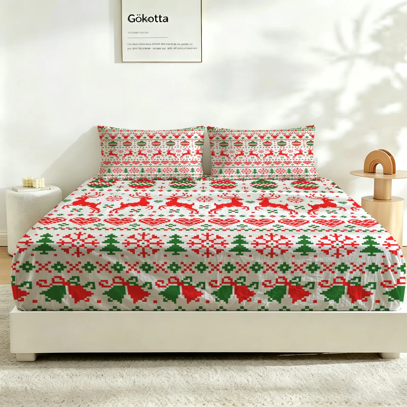 3Pcs Retro Christmas Reindeer Santa Snowflake Print Fitted Sheet Set, Stylish Bed Sheet Set, Soft No Fillers Bedding Set For Family Bedroom & Holiday Dorm, Vivid Digital Printing, Creates Joyful Warm Christmas Festival Atmosphere