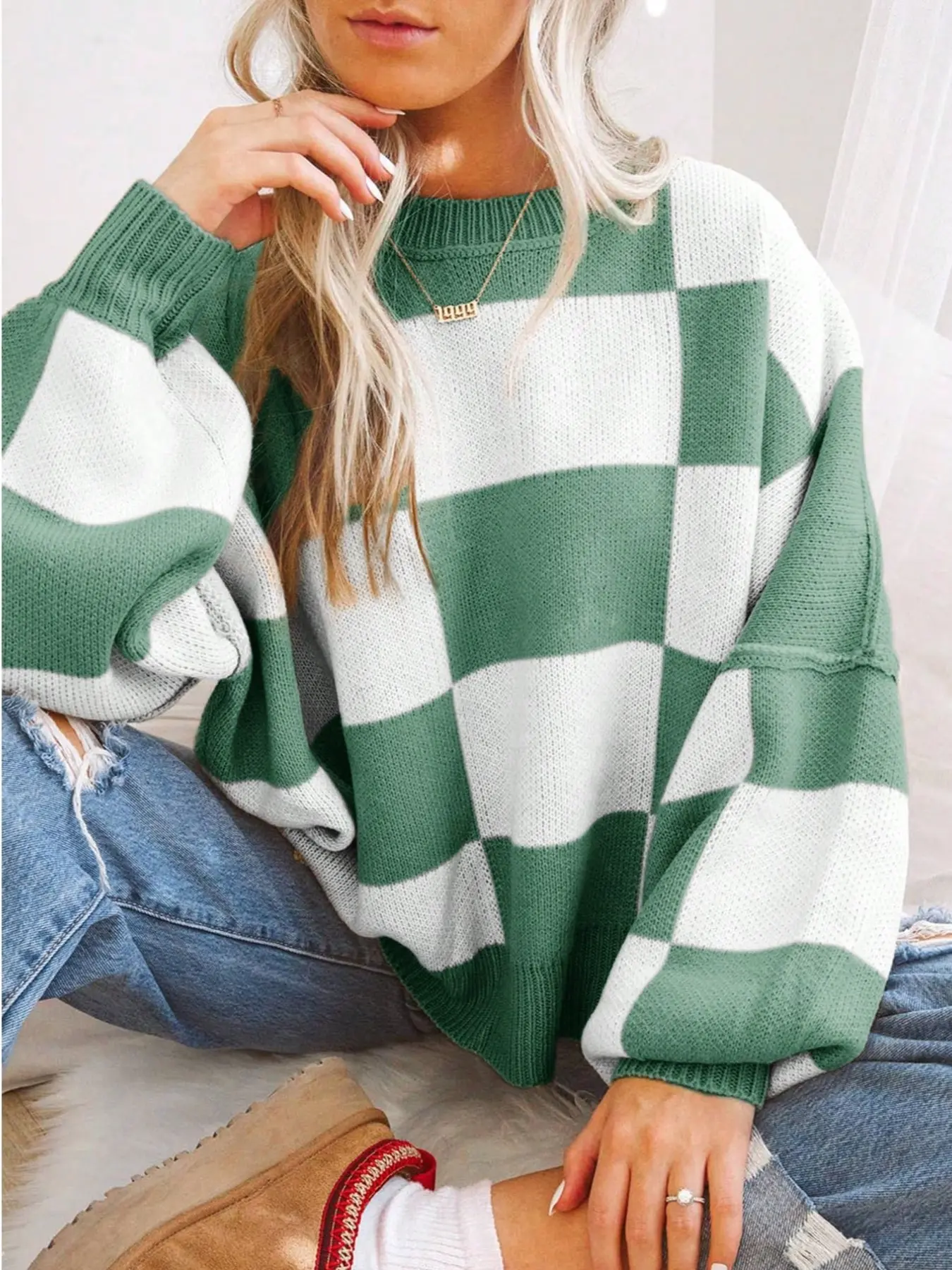 Women's Plus Size Loose Baggy Fit Plaid Knitwear Pullover, Long Sleeve Jumper Fall Winter Top, Elegant Casual Outerwear, Comfortable Daily Wear, Everyday, Perfect for Cold Weather