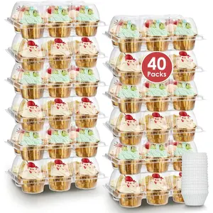 6 Count x 40 Sets Stackable Cupcake Containers with 240 Pack Liners Plastic Cupcake Boxes Holders for 6 Cakes High Tall Dome Lid Clear Cupcake Carrier Trays