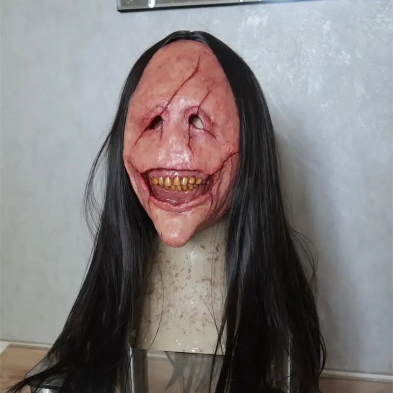Scary Eyeless Bloody Latex Mask with Long Black Wig, Creepy Stitched Skin & Yellow Teeth for Halloween & Cosplay, Extreme Horror Prop for Adults, Spooky Vibe, Costume Mask