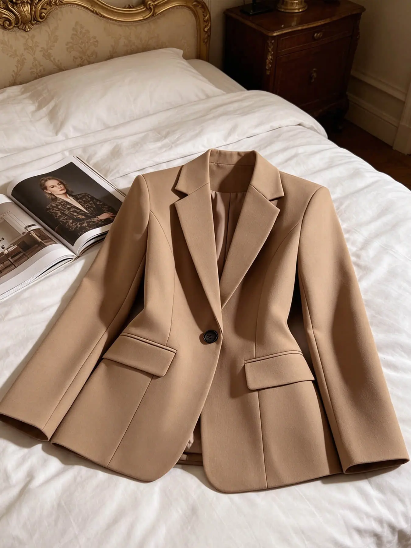 A women's minimalist, Chic commuting style camel colored Long Sleeve Blazer with a button closure, slim fitting and versatile, with a professional and high-end feel. Suitable for spring and autumn, interviews, parties, dates