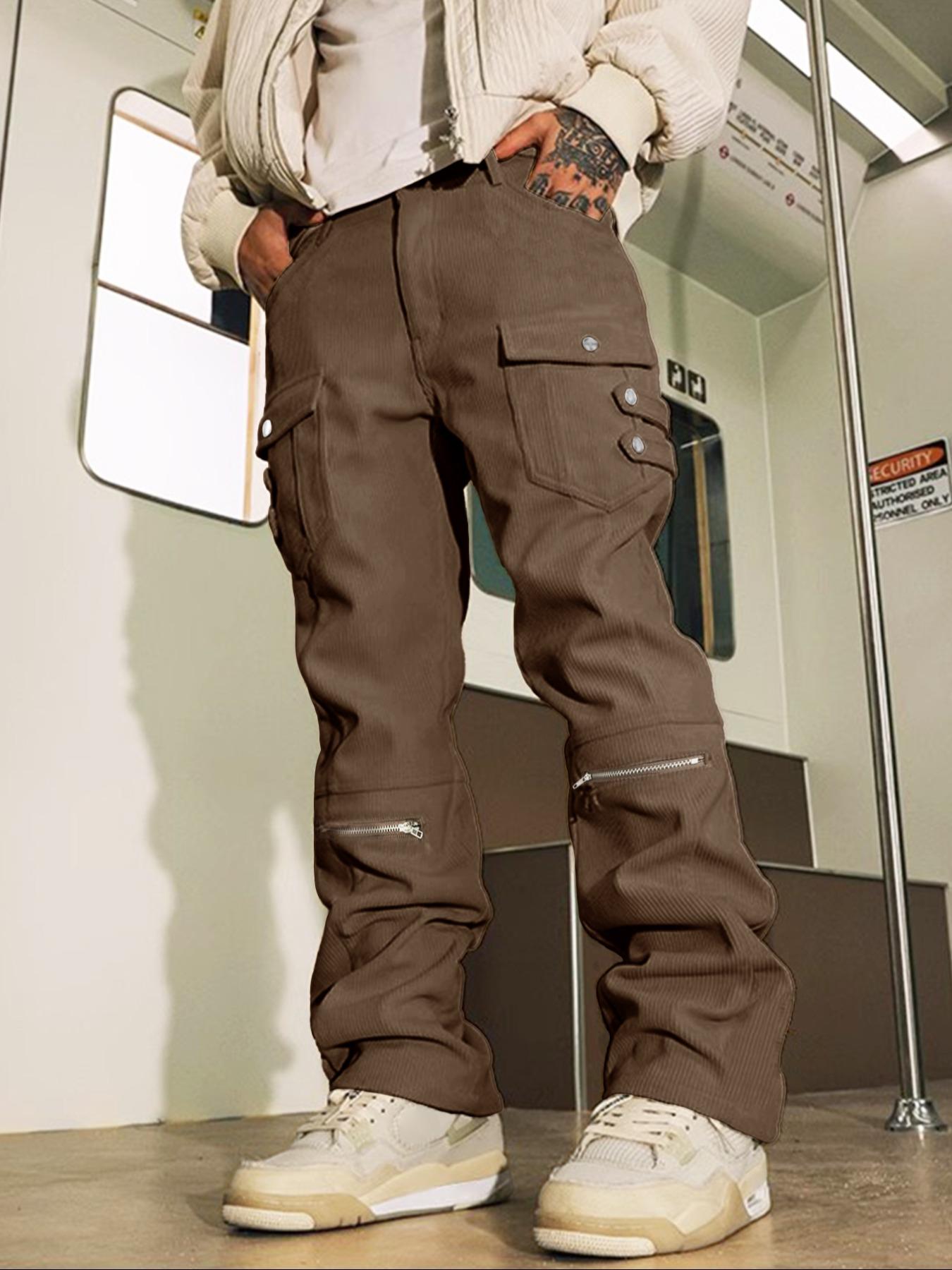 Men's Solid Zipper Pocket Straight Leg Corduroy Pants, Comfortable Street Fashion Casual Comfy Elastic Waist Trousers for Daily Wear, Men's  Streetwear Bottoms for Fall & Winter