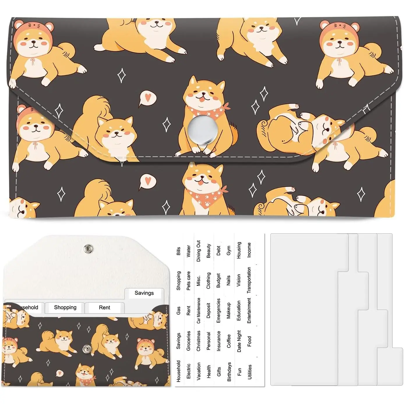 Envelope Wallet,  Budget  Wallet, Cute PU Leather  Saving Wallet with 4 Dividers & 1 Sheet Category Stickers Cute