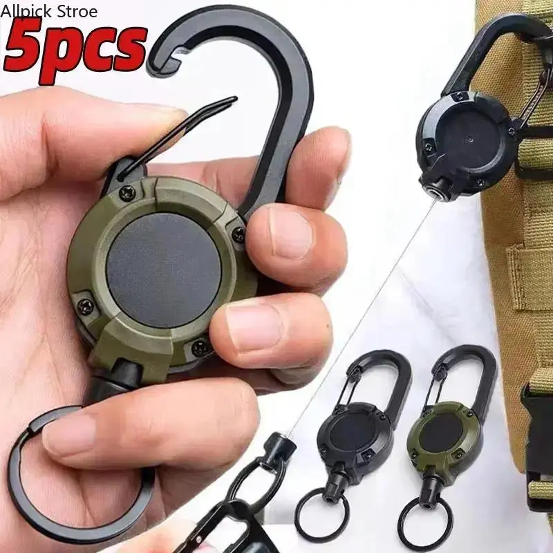 5-Pack Multipack Heavy Duty Retractable Keychain Reel - Stainless Steel Wire Lanyard with Carabiner Clip, Sturdy Aluminum 60cm Snap Lock, 4*12.5cm Steel+Plastic Accessory for Outdoor Work, Functional Bag Charm, Durable, Metal, Auto Wind, Retractable Keych