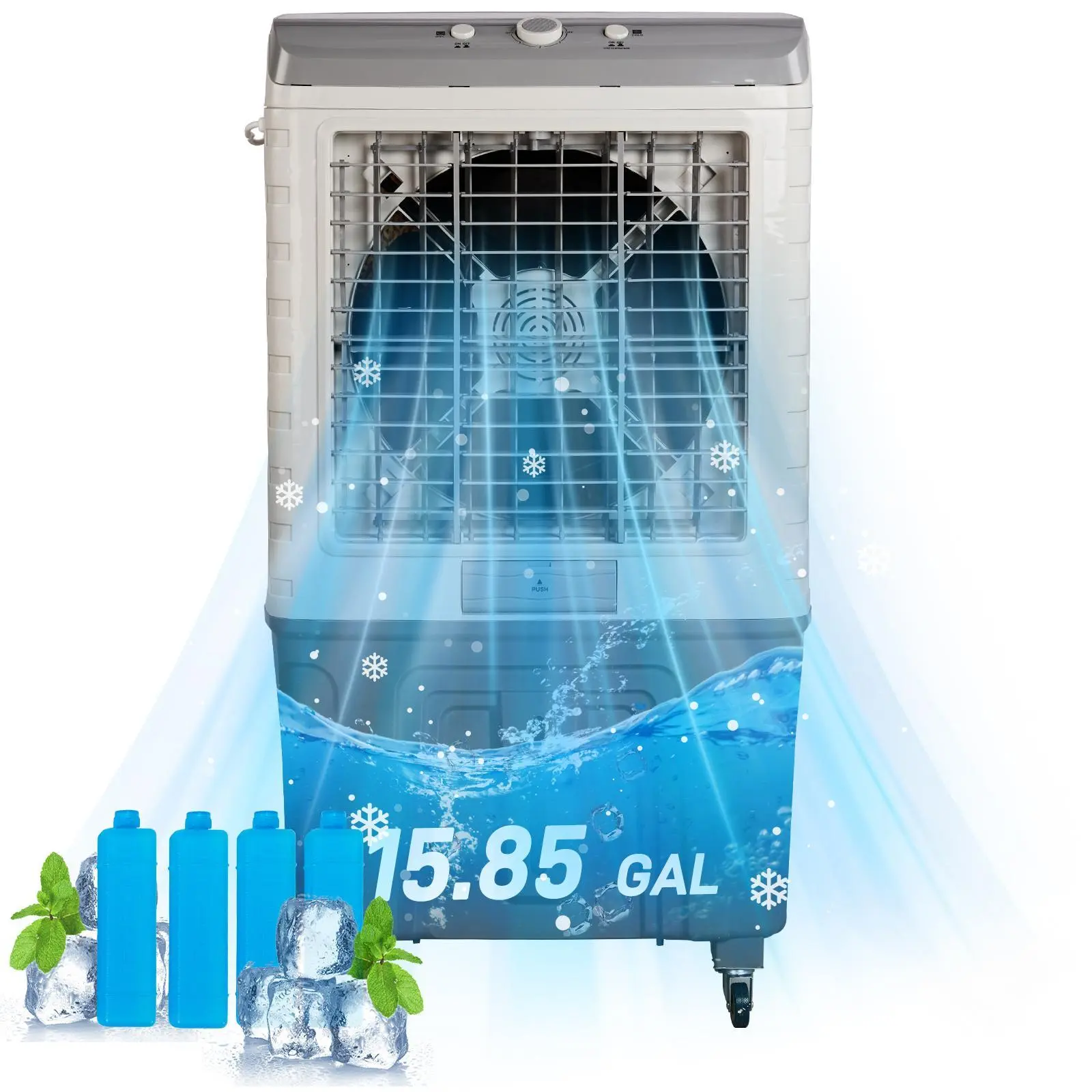 3 In 1 Portable Evaporative Cooler,707L,Indoor,Outdoor,3065 CFM Personal Air Cooler,15.85 Gal Large Water Tank & Scroll Casters, 4 Ice Packs,White and Gray