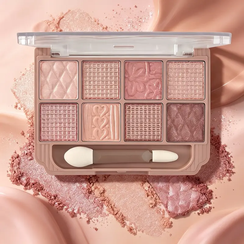 Portable Flip-top 8 Color Embossed Eyeshadow, Dual Sponge Brush, Multi-texture Matte Shimmer Glitter, All-in-one Palette For Eye Shaping Highlight For Newbies