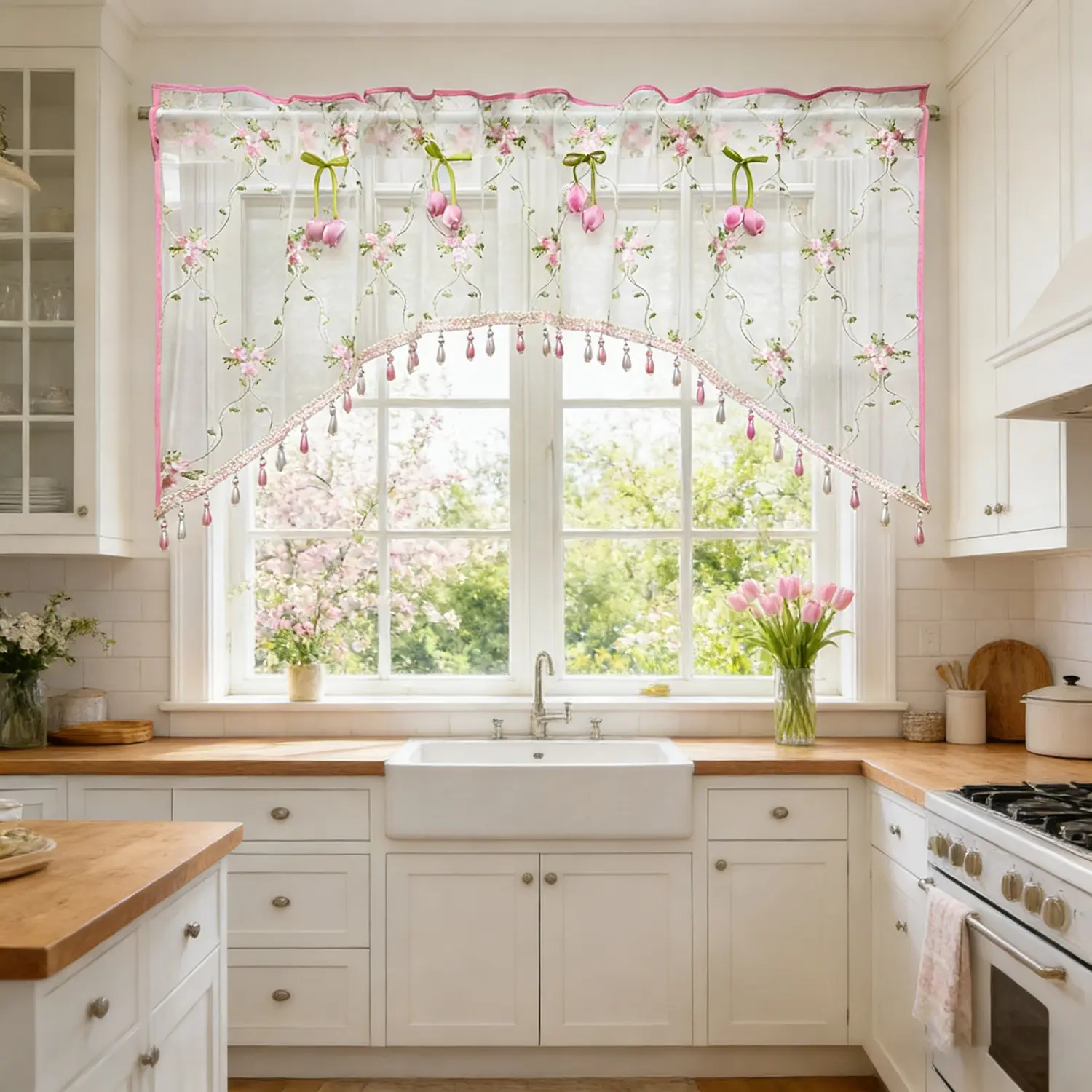 Vintage French Country Arched Window Valance Curtain, 1 Panel Hand Embroidered Pink Tulip Short Curtain, Embroidered Curtains, Luxury Beaded Semi Sheer Drapes, Rustic Farmhouse Decor for Kitchen Windows & Doorway, Curtain Valances