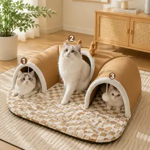 3-In-1 Comfortable Cat Tunnel Bed, Cozy Kitten Condo, Indoor Cat Hideout, Multi-Cat Hunting Cave Bed, Pet Cat Dog Rabbit Toy, Antler Decor, Ball Attachment