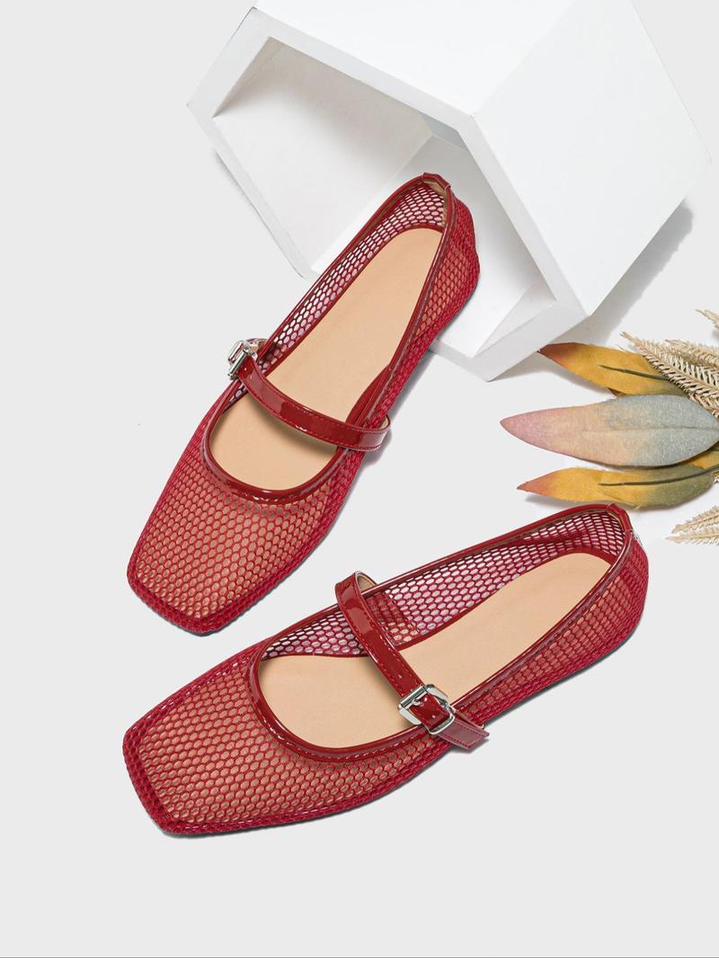 Women's Fashionable Solid Color Hollow Out Design Mary Jane Shoes, Casual Comfortable Square Toe Flat Shoes for Summer, Lightweight Breathable Shoes for Daily Wear, Girl, Casual Flats