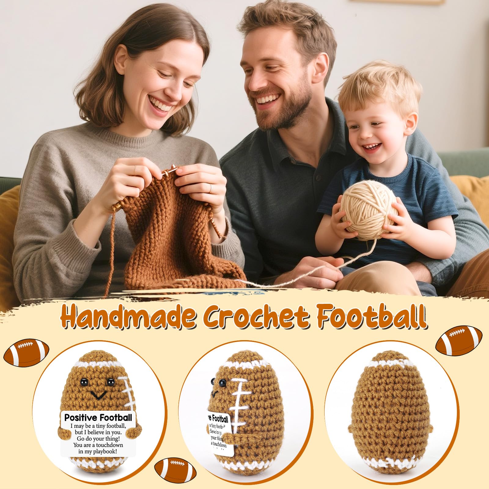 Adorable Hand Crochet Football Stuffed Toy Emotional Support Plush,Full Filling Soft No Odor Durable Colorfast,Perfect Birthday Gifts Teacher Appreciation Gifts For Women Men Him,Home Decor Desk Ornament Bag Pendant Healing Gift For Holiday Party Graduati