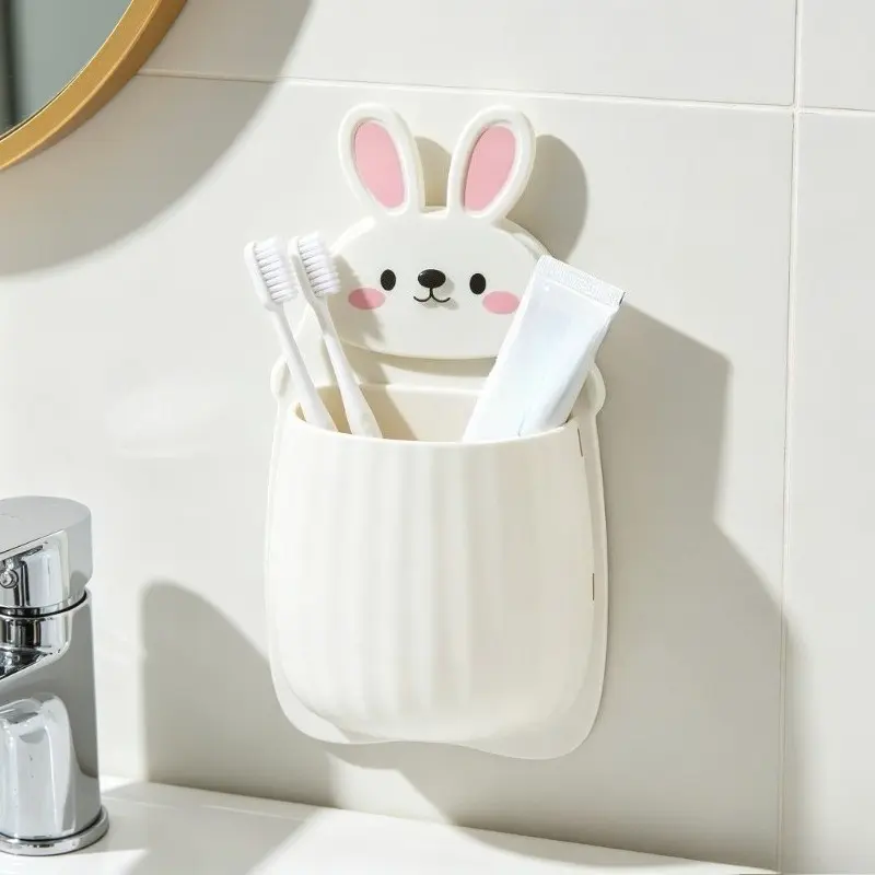 2pcs Cute Bunny Storage Rack, No-Drill Wall-Mounted Toothbrush Holder, Multi-Functional Plastic Cosmetic Organizer for Bathroom Accessories
