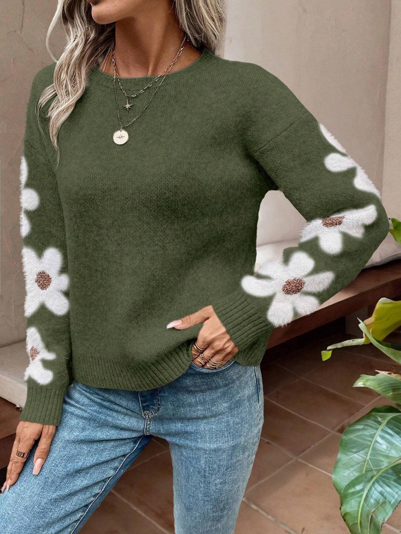 Women's New Loose Round-Neck Floral Pattern Long-Sleeve Pullover Sweater for Autumn and Winter, Elegant Casual Knitwear