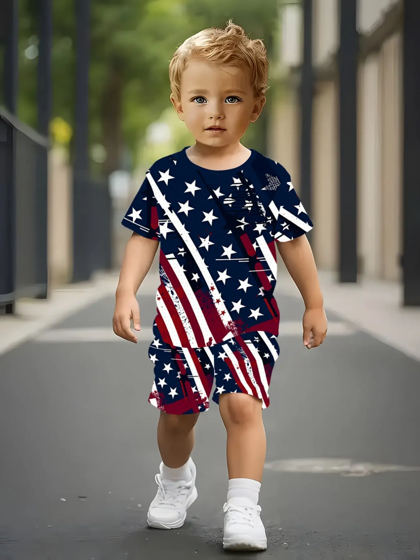 Toddler Boys Dark Blue Base Grunge Distressed Diagonal Star & Stripe Full Print 2 Piece Tracksuit, Loose Short Sleeve Tee + Matching Elastic Flag Shorts, Vintage Street Patriotic Summer Outfit 2–12Y