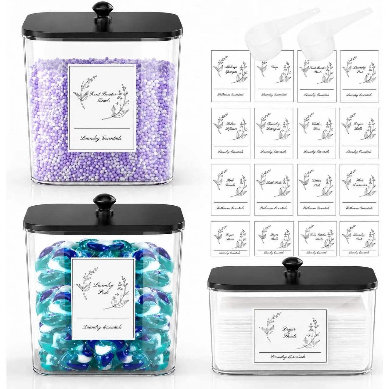 3 Pack Laundry Pods Containers & Dryer Sheet Holder, Black  | Clear Square Laundry Organization Wide Mouth with ,2 Scoops 12 Labels, For Laundry Pods, Detergent , Dryer Sheets