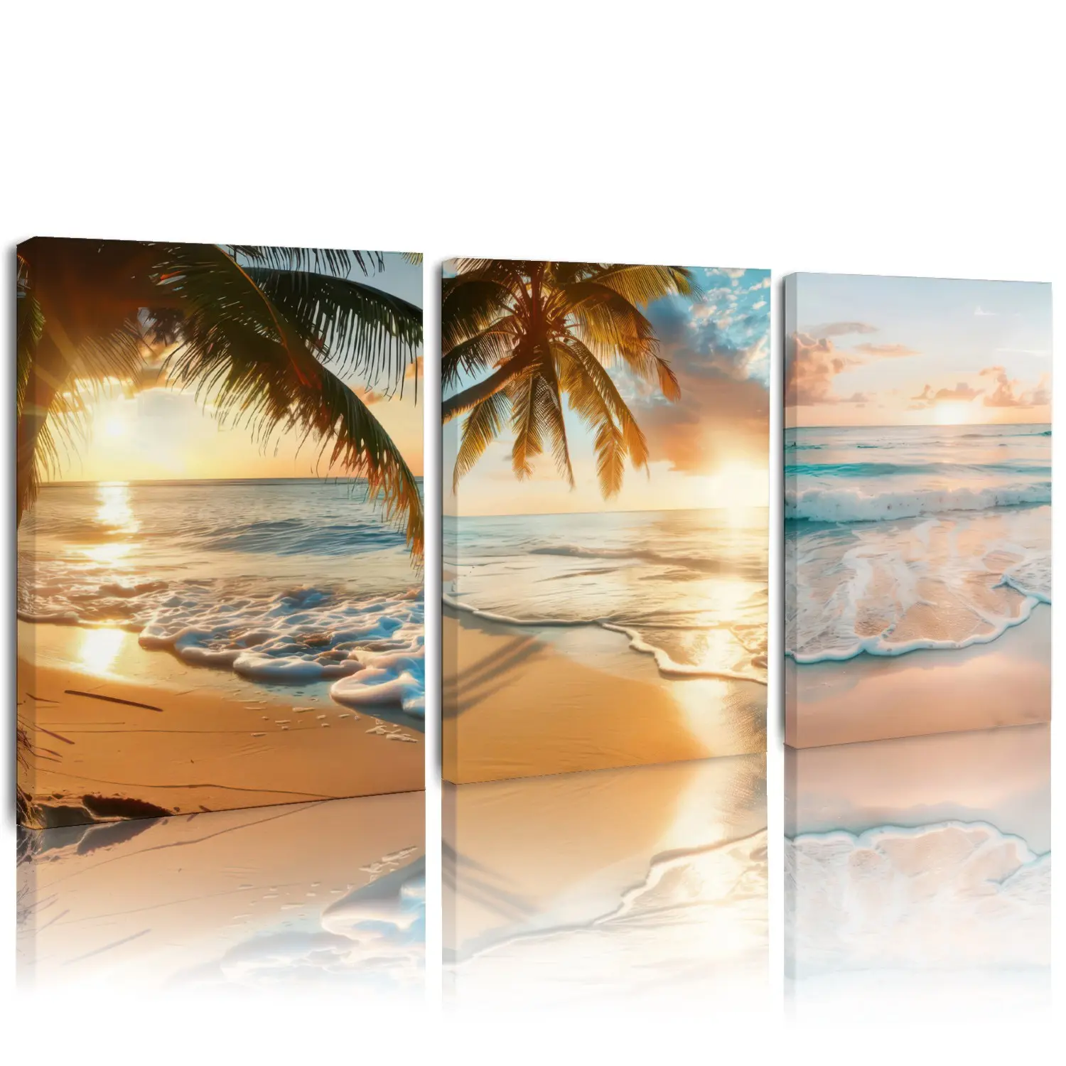 3PC Framed Canvas Wall Art, Tropical Beach Sunset Palm Tree Ocean Wave Landscape Print, Coastal Seaside Nature Scenery Wall Decor, Ready-to-Hang Wooden Frame, Ideal for Living Room, Bedroom & Bathroom Beach Style Wall Art