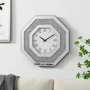 20*20 Inch Octagonal Silent Quartz Wall Clock Roman Numerals Mirror Bevel Frame Inlaid Faux Crystal Diamond Glam Modern Decor Clock for Living Room Bedroom