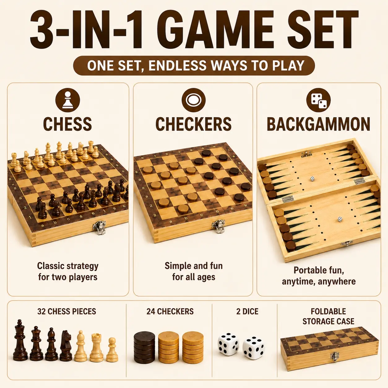 3 in 1 Wooden Chess Set Folding  Chess Board Game, Classic Portable Travel Chess Set with Chess Backgammon Checkers Combination, Premium Wood Board with Compartment, Strategy Family Board Games for Kids Adults, Educational Gift for Home Party Game Night