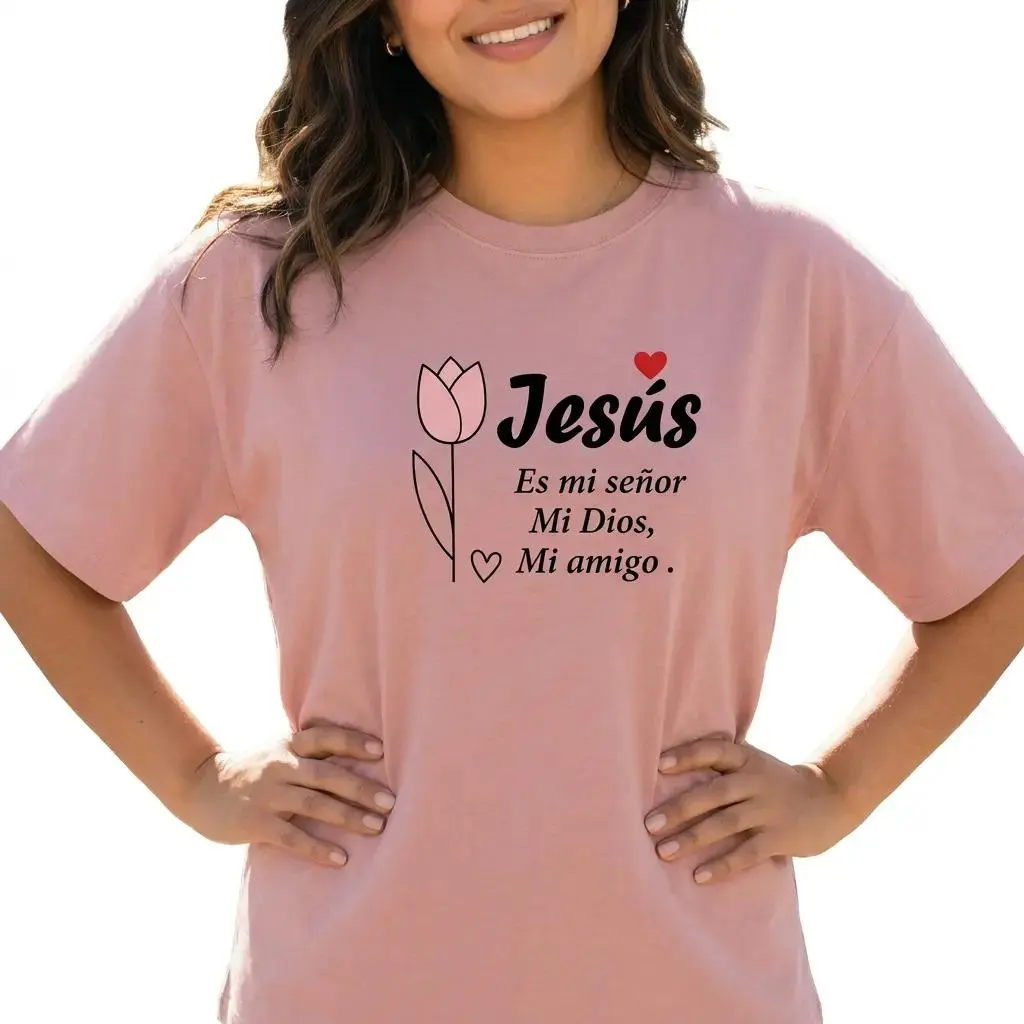 Casual Graphic T-Shirt for Women, Plus Size Cotton Shortsleeve Top with Spanish Christian Jesus Floral Faith Design, Tops, Crew Neck, Floral Motif