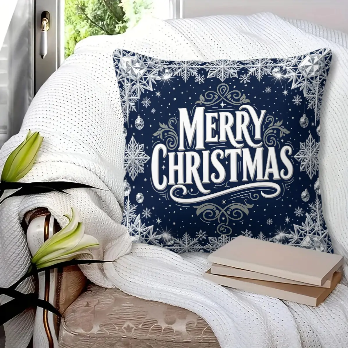 45x45cm1Pc Vintage Christmas Throw Pillow, Snowflake Star Moon Holly Bell Holiday Print, Warm Home Living Room Sofa Decor Cushion With Insert