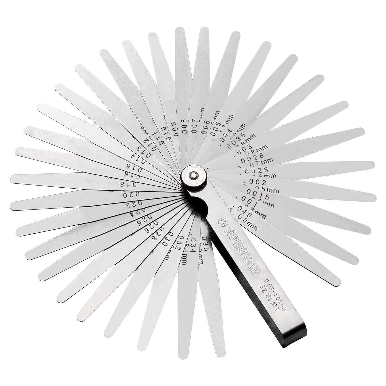 Feeler Gauges 0.001-0.04" (0.03-1.00mm) 32 Blades Tapered Feeler Gauge Set Stainless Steel Dual Marked SAE and Metric for Measuring Gap Thickness or Width for Spark Plug, Valve, Piston, Guitar