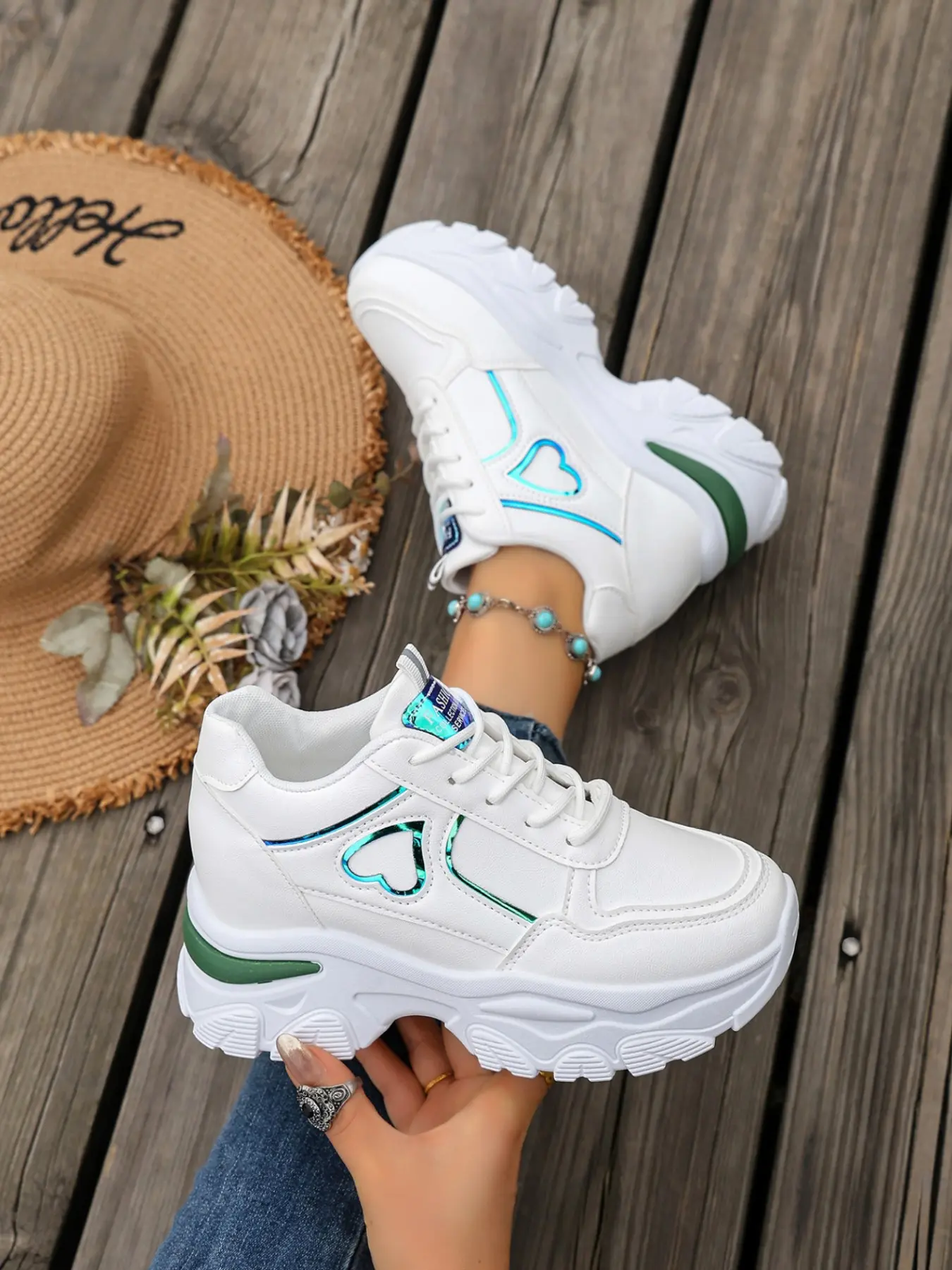 Women's Heart Reflective Heeled Dad Shoes, Waterproof PU Leather, Round Toe, Thick Sole, Anti-Slip, All Seasons Casual Footwear