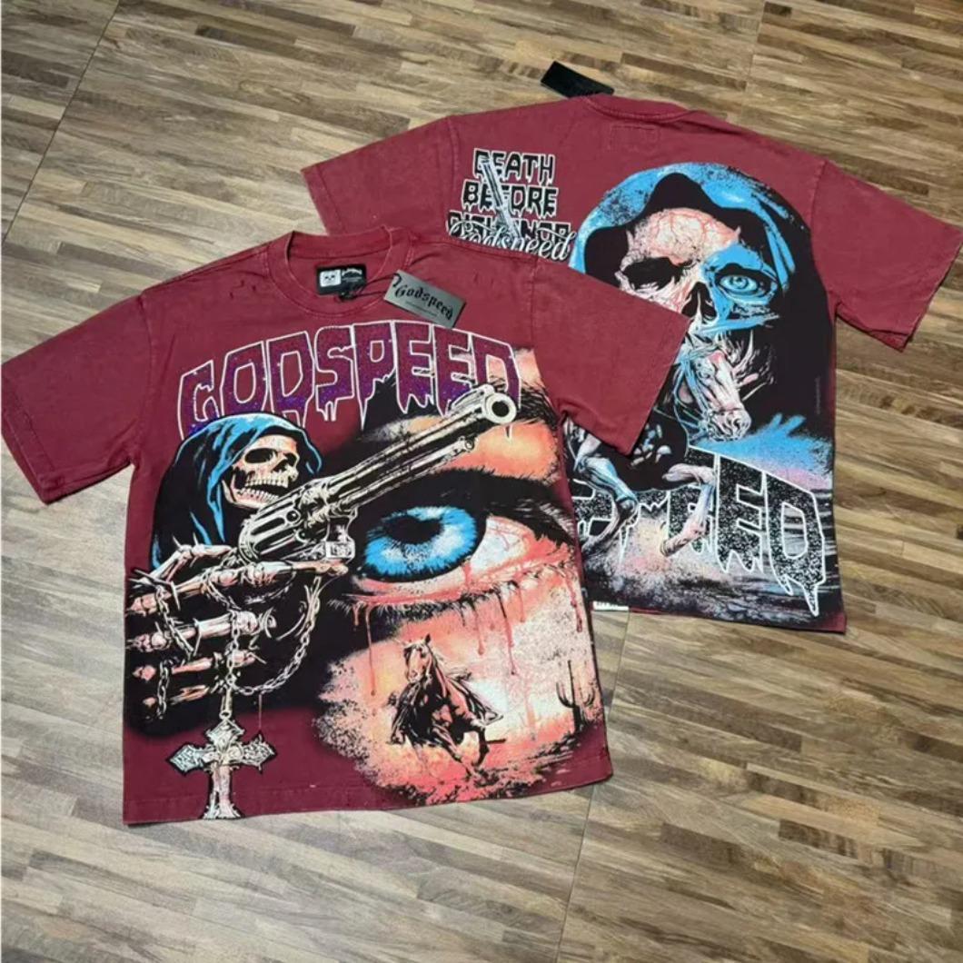 Real Photo Original Label Ripped Hot Drill Godspeed Short Sleeves T Shirt American Cotton Vintage Washed Rhinestone Bling Oversized Loose Unisex Round Neck Streetwear Hip Hop Y2K Casual Tops Tees With Tags For Men Women