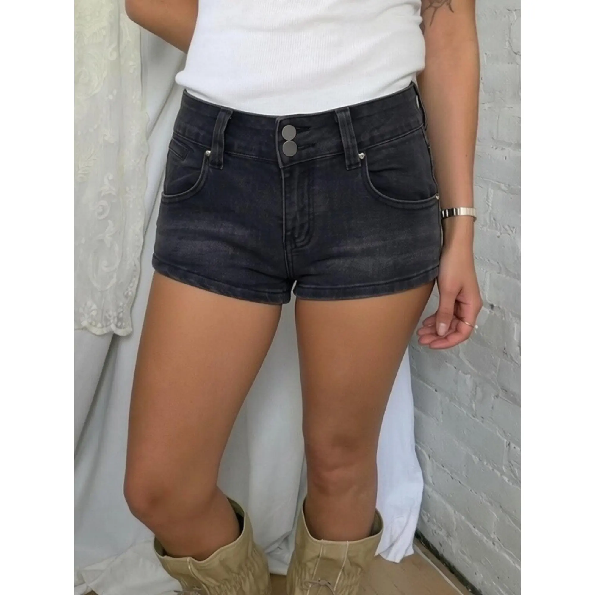 y2k Women Denim Shorts Stylish Solid Color Skinny Low Rise Mini Jean Shorts with Pockets