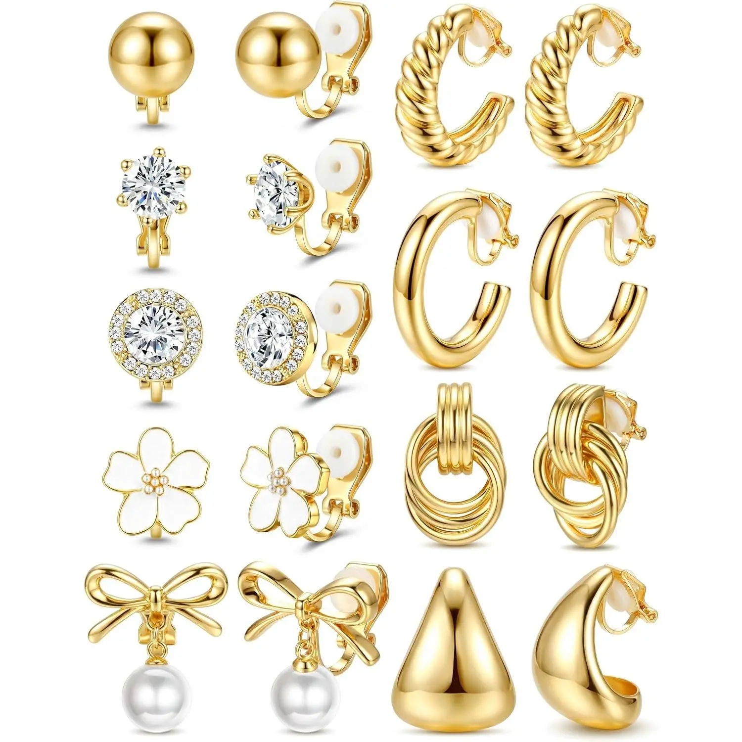 ORAZIO Clip On Earrings for Women 14K Plated Gold Clip Earrings Non Pierced Ears Clips CZ Pearl Knot Twist Chunky Hoop and Studs Earring Set Hypoallergenic Fake Earings Jewelry
