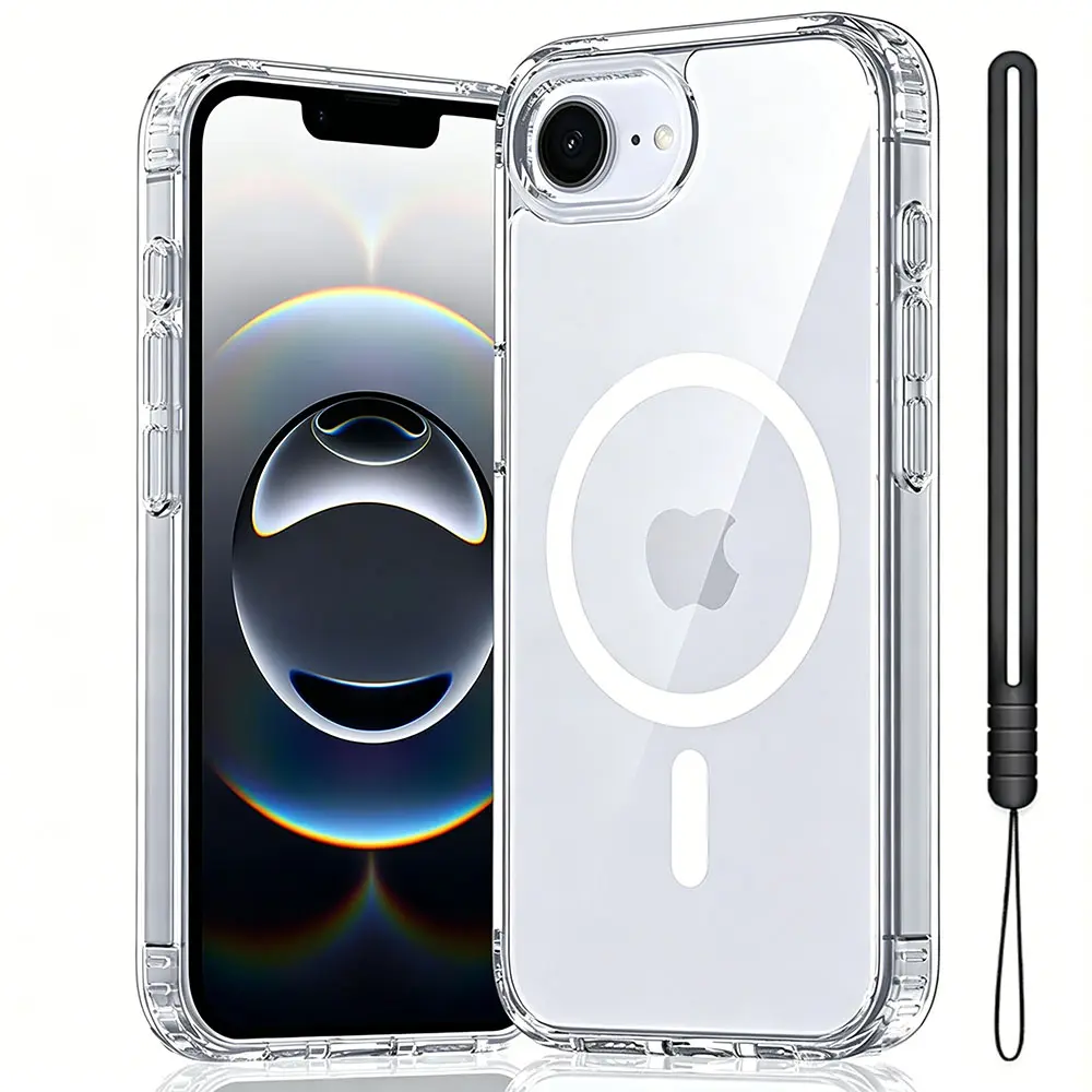 Luxury Magnetic Wireless Charge For iPhone 17Air 16E 15 14 13Mini 12 11 Pro Max XR XS Max 7 8Plus SE Protective Cover Transparent Case with Detachable Wrist Lanyard