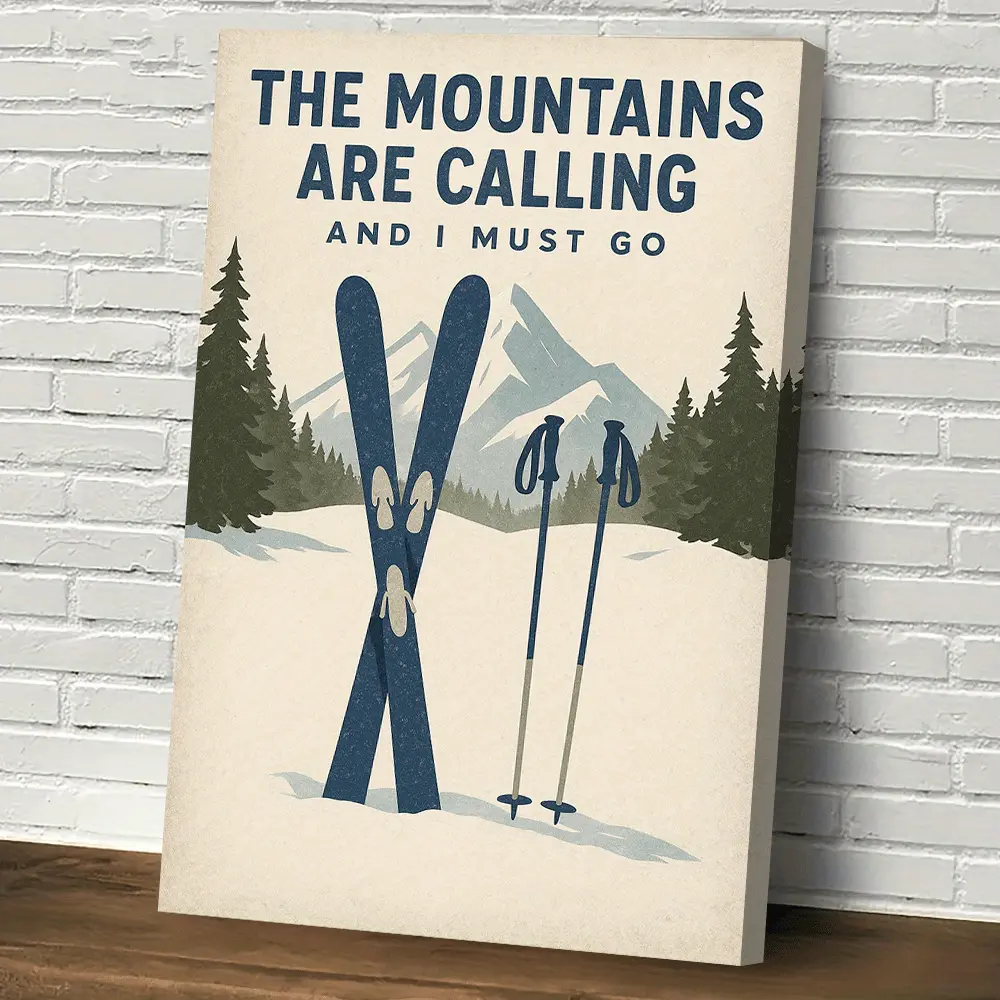 2D FLAT Single Framed Canvas Wall Art, Dream Wall Art for Ski Lovers, Print with Mountains, Snowboard and Ski Poles. Easy-to-Hang Wooden Framed Winter Sports Decor, Perfect Indoor Wall Ornament for Home, Office and Ski Cabin, 2D Flat Design