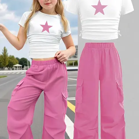 Girls' Star Short Sleeve T-Shirt + Army Cargo Pants Set, Summer Sweet Cool Style, Kids' Casual, Two-Piece Ensemble, Set Outfit