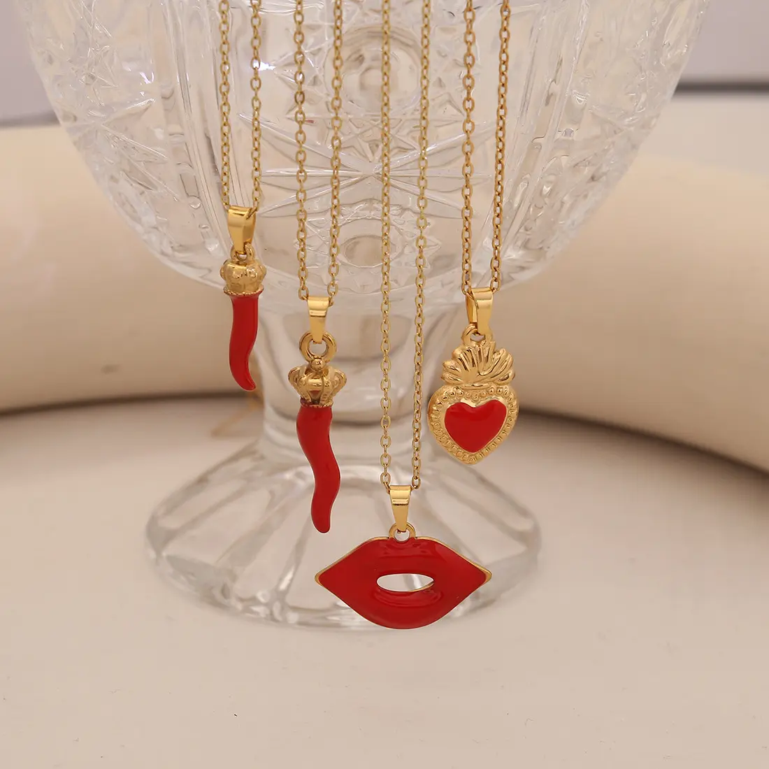 Women's Stainless Steel Enamel Red Lips-Chili Heart Pendant Necklace, Auspicious Elegant Stackable Costume Jewelry, Trendy Playful Daily Street Wear Neck Accessory, Ideal Gift
