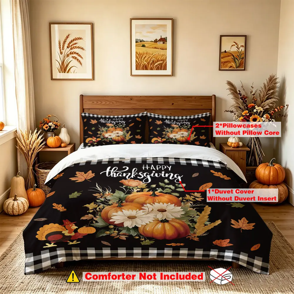 A three-piece bedding set (1 bedding cover + 2 pillowcases, without an inner core) featuring a Thanksgiving-themed pumpkin design, suitable for use in hotels, dormitories, single beds, and other occasions. This Thanksgiving-decorated bedding set is