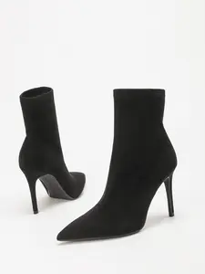 Women's All Sizes Black Matte Faux Suede Stretch Pointed Toe Stiletto Ankle Booties, High Heel Booties, Slip On Slim Fit Sock Boots Non Slip Cushioned Dress Heel Boots for Office Work Date Night Casual Party Fall Winter Outfits
