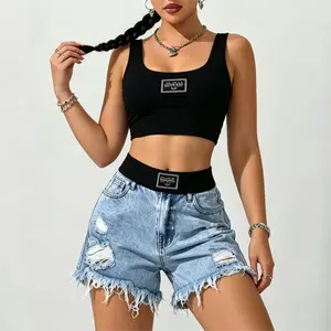 Women's 2 Piece Outfit, Black Slim Cami Top + Ripped Denim Shorts Set, Y2k Streetwear