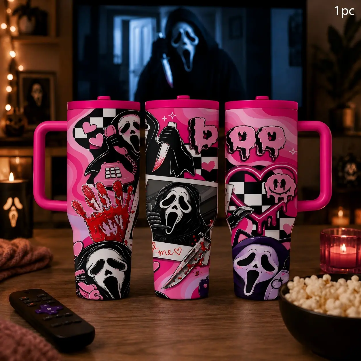 1PC 40oz Pink Scream Horror Mask Bloody Hand Heart Pattern Insulated Tumbler with Handle & Leak-Proof Lid, Double Wall Vacuum Travel Mug, Hot 12H Cold 24H, Large Capacity Cup for Men Women, Halloween Birthday Horror Fan Gift