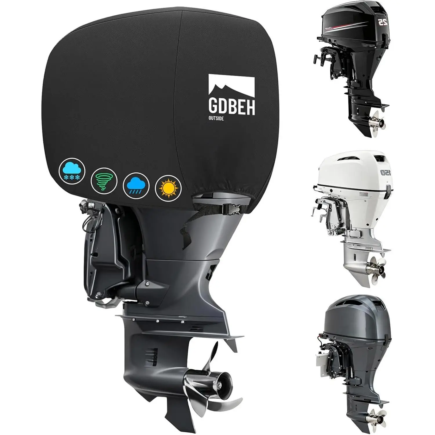 Outboard Motor Cover, Heavy Duty Up to 50-115 HP 900D Marine Motors Waterproof, Sun Resistant, Windproof Straps, 26 * 22 * 24 inches Semi-Cove, Black Fits Most Brands (50-115 HP)
