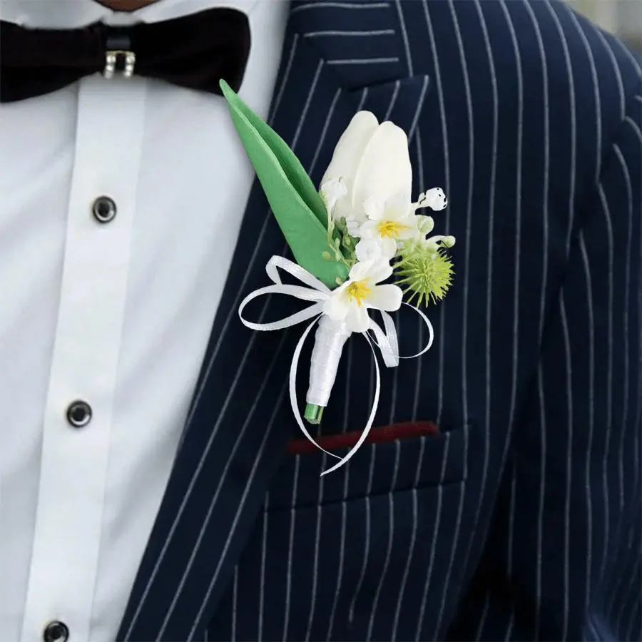 2PCS Fabric-Plastic Fake White Tulip Flowers Boutonniere & Groom Corsage with Satin Ribbon Bow, Groomsmen Lapel Accessory for Wedding Party Supplies