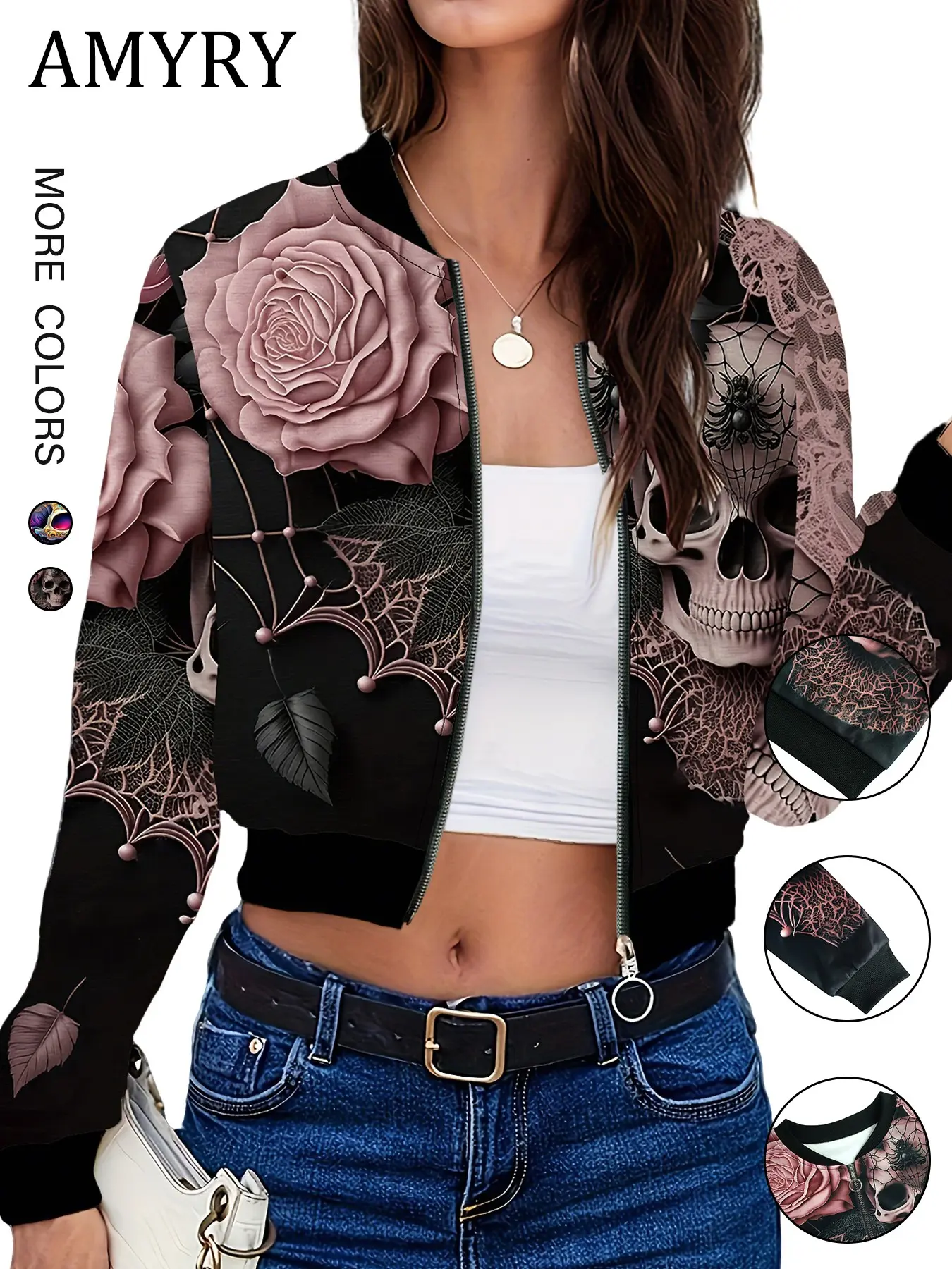 2026 Spring Fall European Style Print Casual Loose Fashion Colorful Baseball Jacket, Zipper Streetwear Halloween Print Design, Trendy Leather Jacket Outerwear Coats