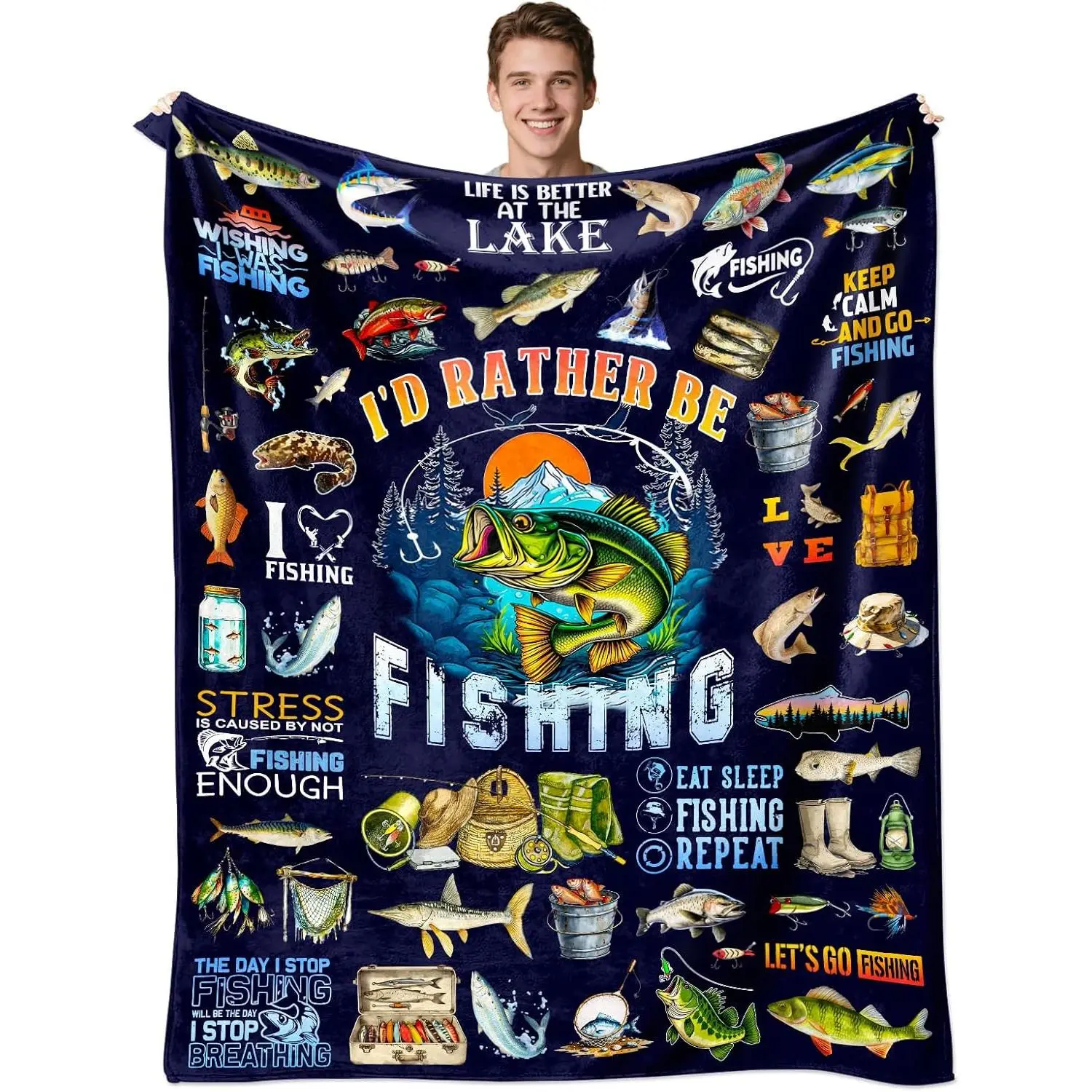 Fishing Blanket Fishing Gifts for Men Boys Soft Warm Flannel Funny Fish Stuff Throw Blanket Best Gift for Fisherman Lovers Birthday Decor Gifts for Adults