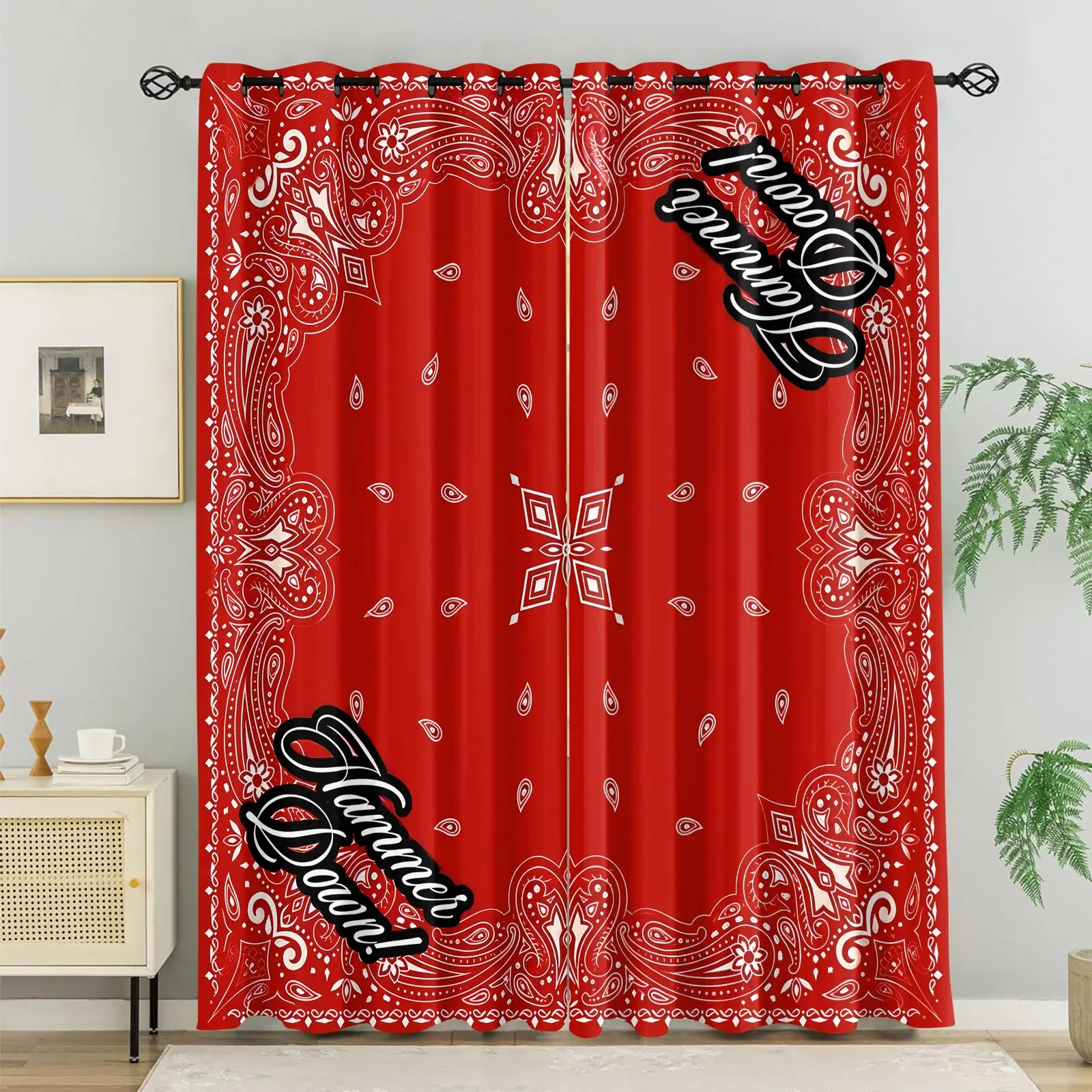 Two-Piece Hammer Down Red Base Paisley Floral Blackout Curtains-Top Metal Grommets Easy Installation-Privacy Screen Decorative Window Drapes-Trendy Hip-Hop Style Bedroom/Gaming Room/Fashion Homestay Decor