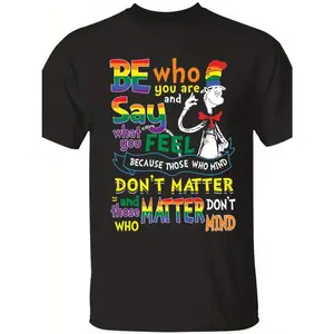 LGBTQ+ Pride Month Rainbow Graphic Tee| "Be Who You Are" Inspirational Quote T-Shirt for Men & Women, Cute Cartoon Cat Pride Parade Casual Clothes