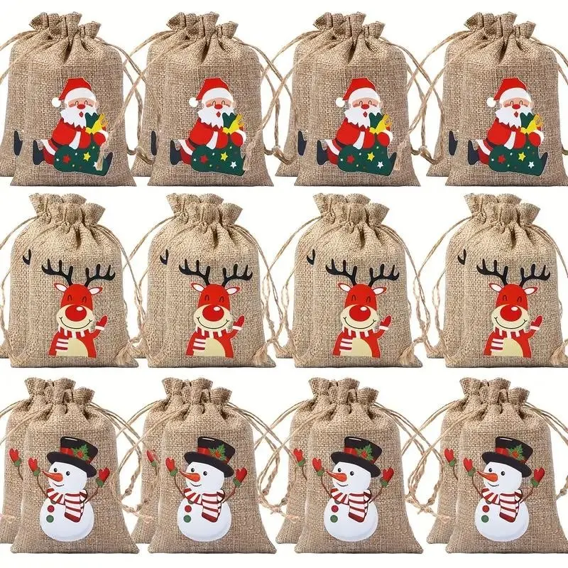 24pcs Festive Christmas Gift Bags Set – Drawstring Burlap-Style Pouches with Santa, Reindeer & Snowman Designs – Rustic Holiday Aesthetic, Room Decor – Perfect for Advent Calendar, Xmas Tree Decorations, Party Favors, Goody Bags, Reusable Packaging