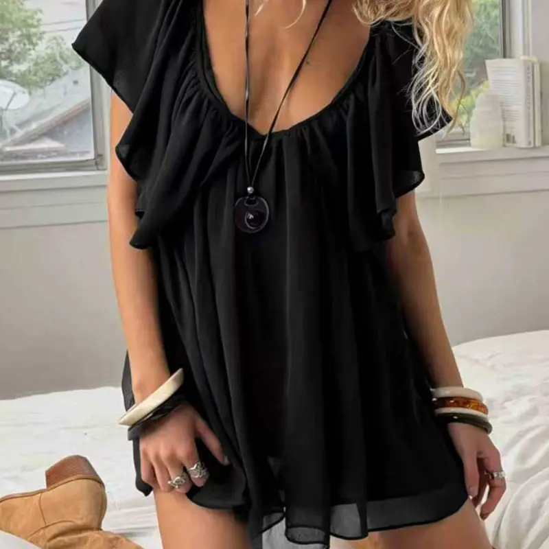Women's Sexy Deep V Backless Chiffon Mini Dress, Elegant Chic Ruffle Design, Solid Color, Suitable for Club, Party Dating Wear & Daily Wear