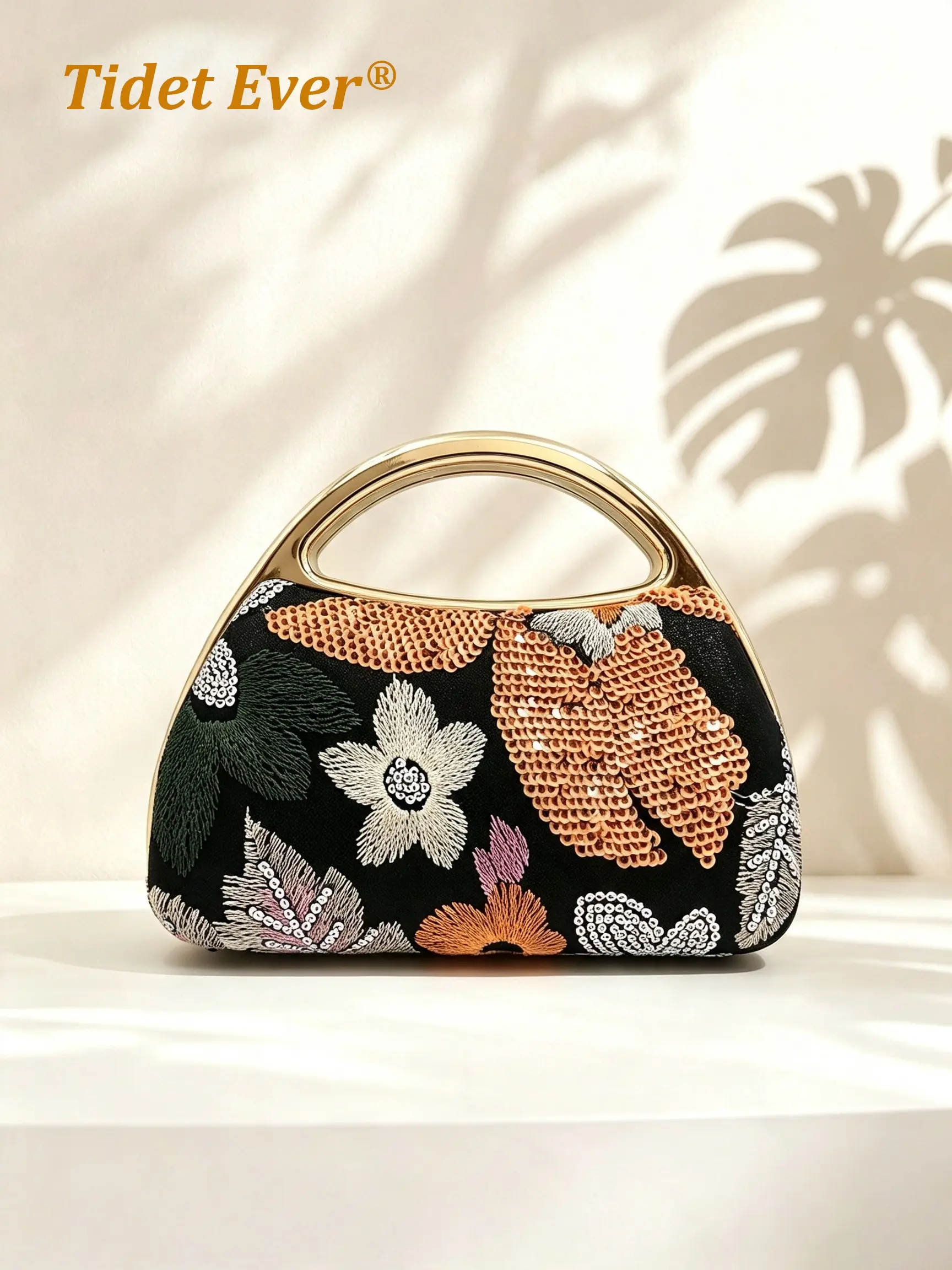 Elegant Embroidered Floral Sequin Clutch, Hard Metal Arch Top Handle, Evening Purse for Women, Wedding Prom Party Handbag